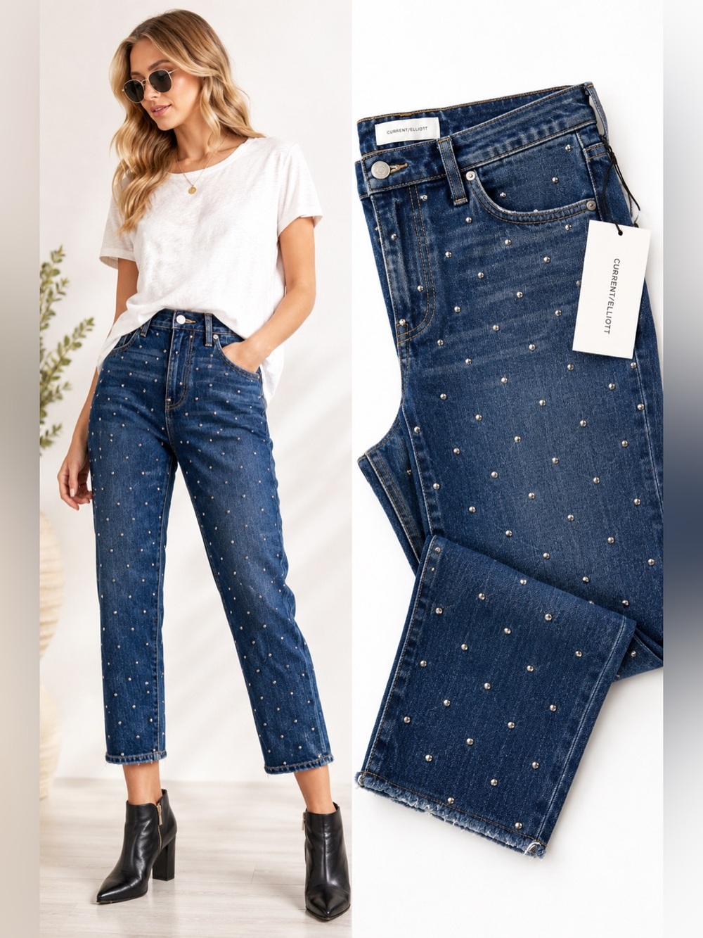 Current/Elliott Studded Cropped Jeans 31 High Rise Vintage Straight Raw Hem NWT